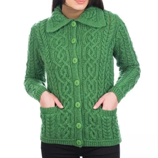 Saol XS Aran Irish Cardigan Cable Knit Merino Wool Green St. Patrick’s Day - Image 7