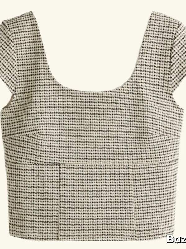 NWT Square Neck Cropped Houndstooth Top Black Size L - Image 3