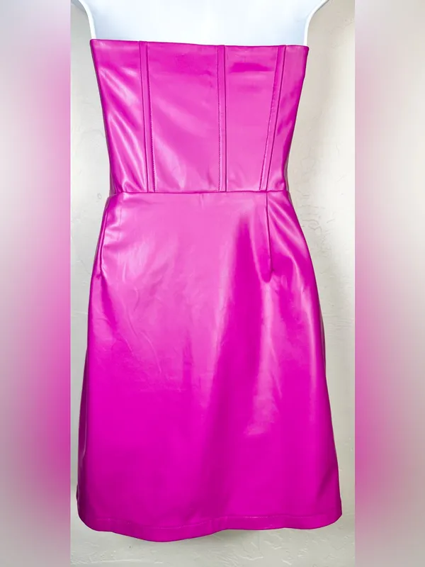 eesome Strapless Faux Leather Mini Dress in Fuchsia Pink Size Medium - Image 7