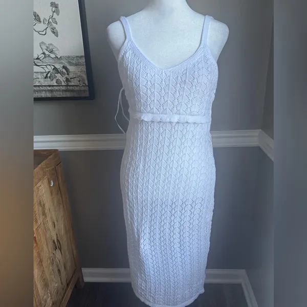 NWT Revolve‎ 525 America White Pointelle Cotton Crochet knit Dress Small - Image 2