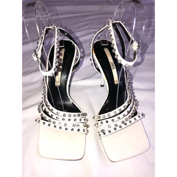 Zara Studded High Heel Sandals Size 38 White Silver Crystals Square Toe 7.5 US - Image 2