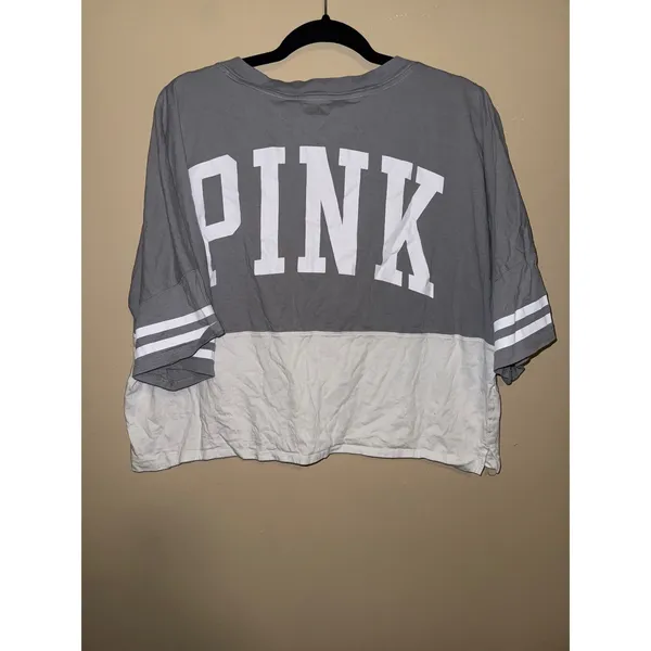 PINK Victoria's Secret Grey White Colorblock V-Neck Graphic Crop Top XL Y2K - Image 2