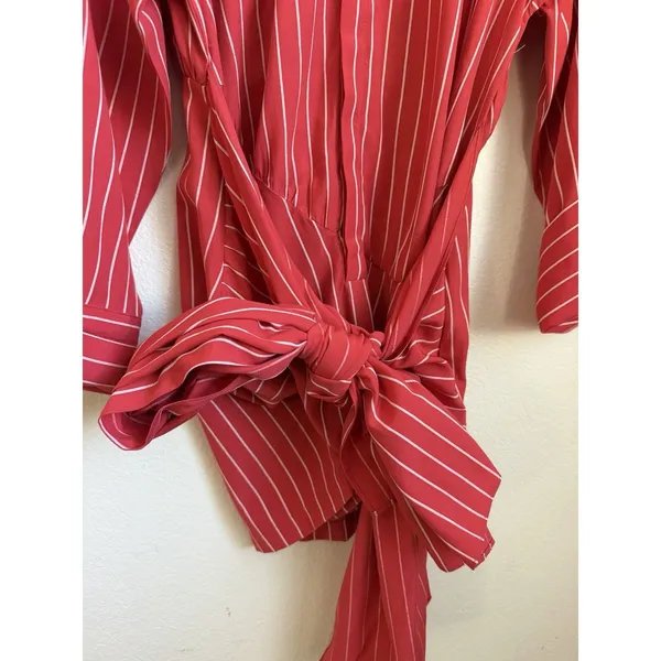 Bardot Malira Mini Shirt Dress US 4 Red White Striped Tie Front Preppy Vacation - Image 7