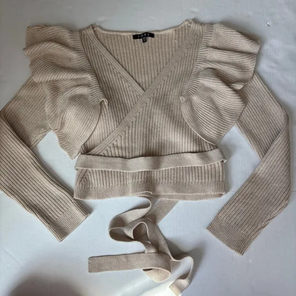 FORE Wrap long sleeve ruffle ribbed knit Sweater Tan Size M - Image 2
