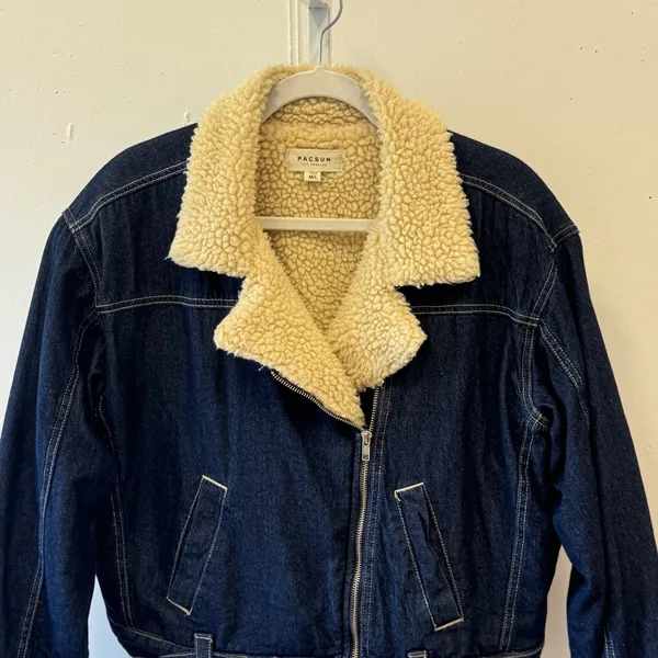 PacSun Denim Sherpa Lined Biker Jacket Dark Wash Faux Fur Moto Coat M/L - Image 4
