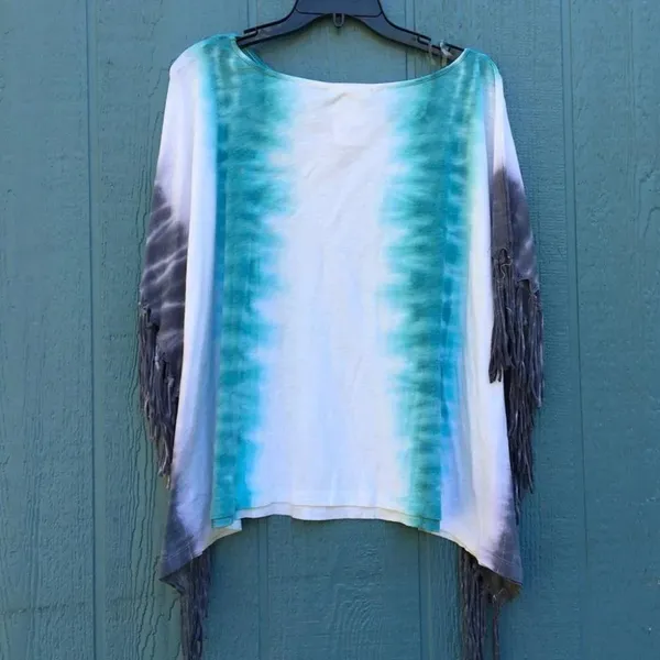 NWT Free People Tie Dye Fringe Batwing Short Sleeve Tee Blouse Top Blue Shirt - Image 4
