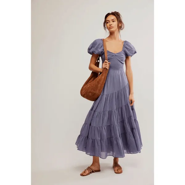Free People Dainty Ethereal Sundrenched Short Sleeve Maxi Size Medium Plum Dust - Image 5