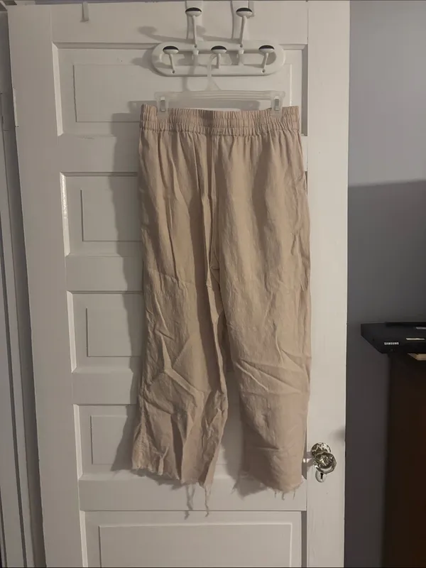 D&Co Light Beige Drawstring Wide-Leg Linen Blend Pants - Image 4