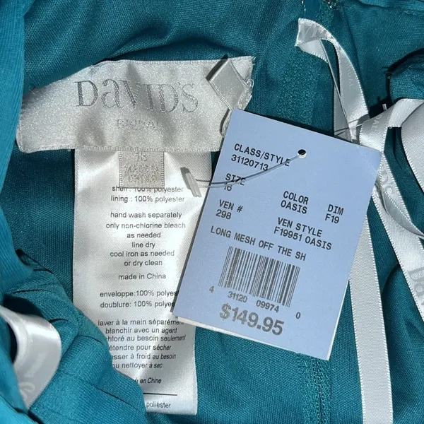 NWT David's Bridal F19951 Oasis Teal Off The Shoulder Mesh Formal Dress Size 16 - Image 4