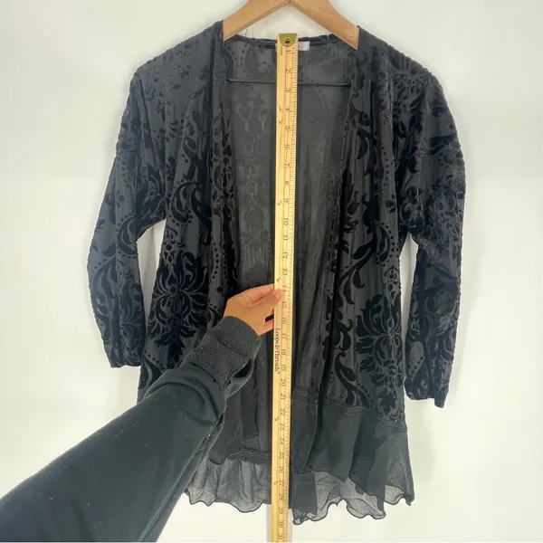 Maurices Black Sheer Floral Burnout Velvet Chiffon Lace Trim Open Front Cardigan - Image 11