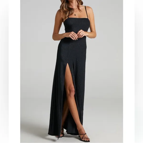 Showpo Rheannon Split Mesh Maxi Dress in Black Lurex - Image 2