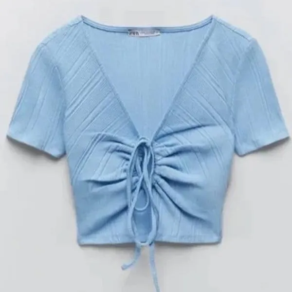 ZARA Blue Ribbed Drawstring Cut Out Cropped Top ~ Women's Shirt Size MEDIUM - Image 3