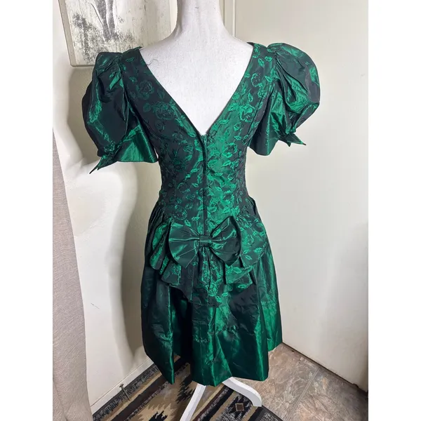 VTG 80s Emerald Green Iridescent Taffeta & Floral Prom Party Dress Whimsigoth - Image 5