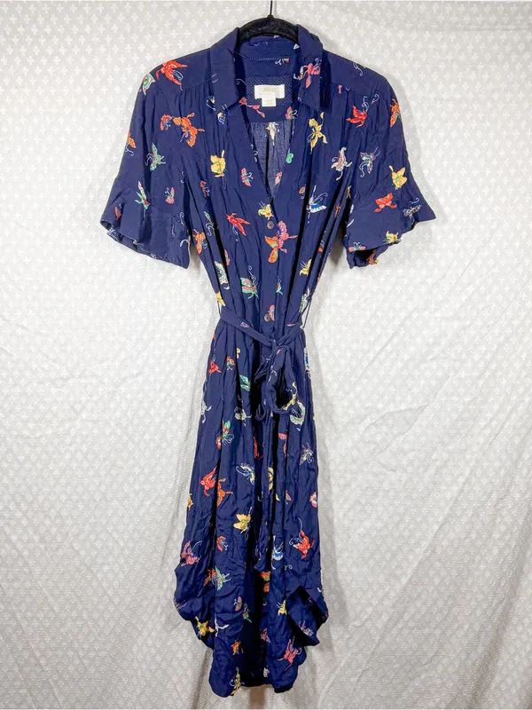 Anthropologie Maeve Dark Blue Butterfly Print Button Down Tie Waist Midi Dress - Image 2
