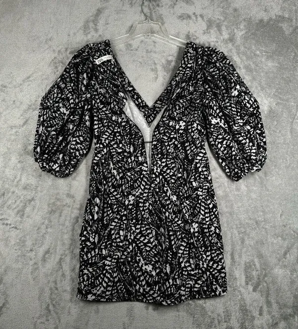 Zara Dress Womens Medium Black White Printed Kacy Puff Sleeve Mini Neutral Party - Image 5