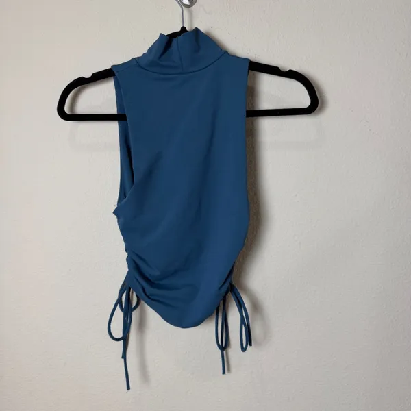 ZARA Teal Mock Neck Tie Scrunch Side Sleeveless Top Size Medium - Image 5