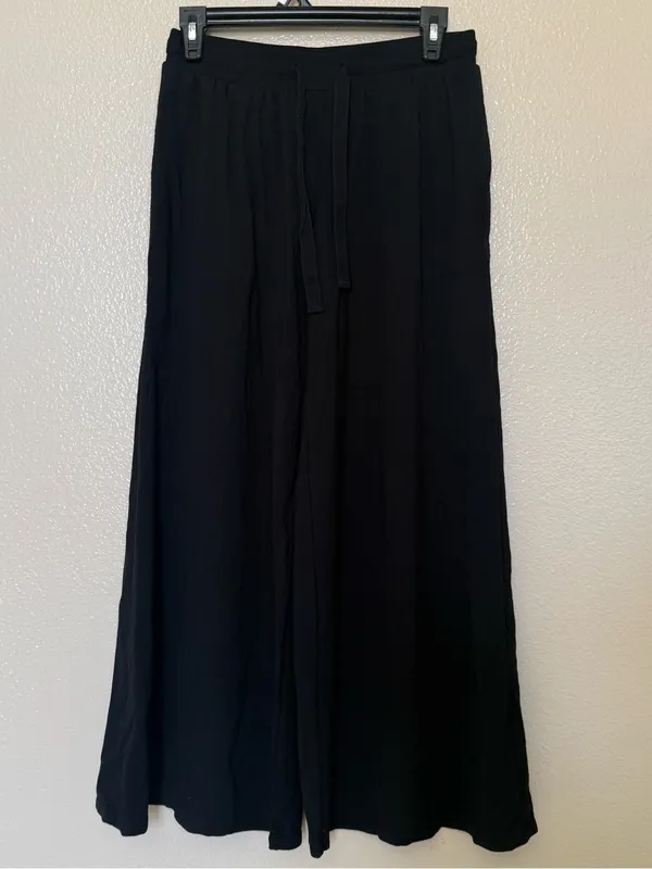 Black Wide Leg Pull-On Pants Drawstring Soft Knit Lounge Travel Minimalist Comfy - Image 2