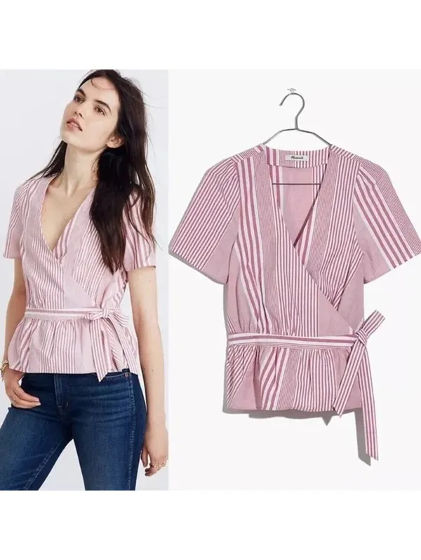 Madewell NWOT Women's Ruffle-Hem Wrap Top in Stripe Mix Deep Crimson Size XS - Image 2