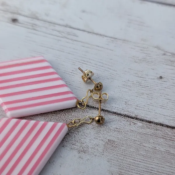 Vintage Stud Earrings Pink & White Striped Dangle - Image 4
