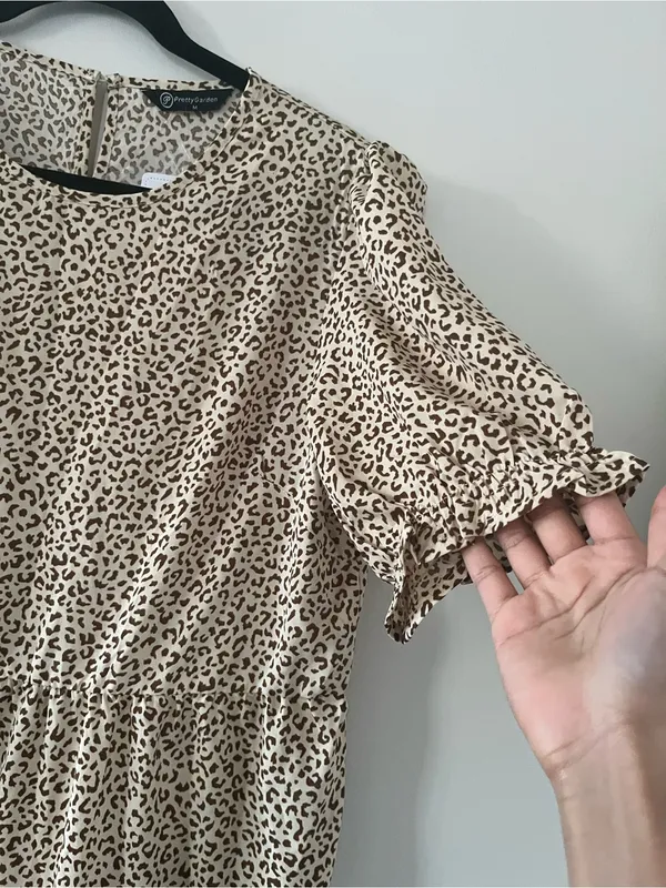 PRETTYGARDEN NWT Beige Brown Leopard Print Puff Sleeve Midi Dress Medium Romantic Modest - Image 3