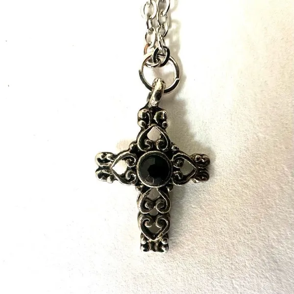 Silver tone and black dainty cross necklace - Image 3