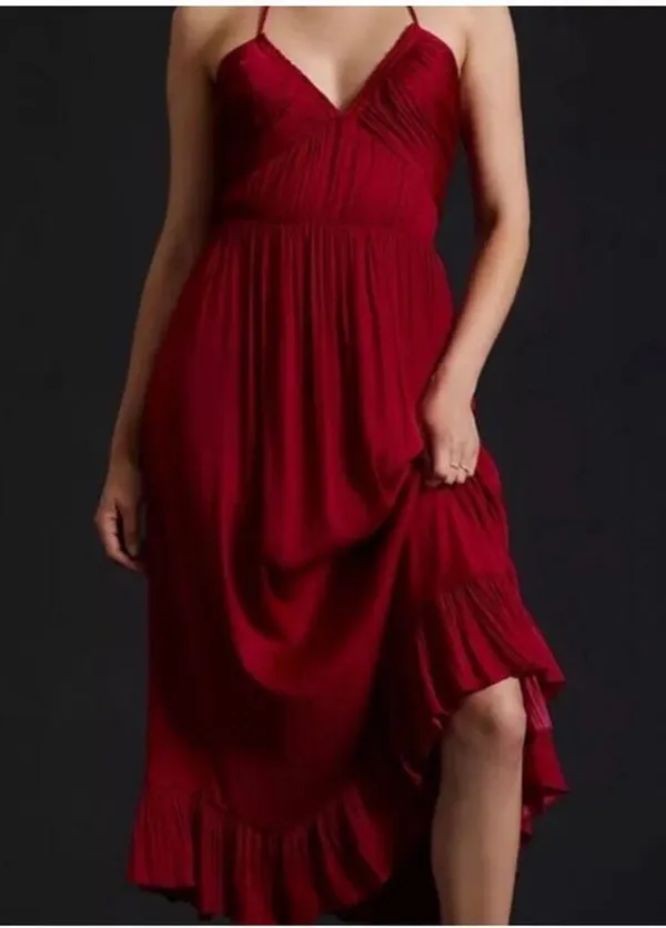 ANTHROPOLOGIE Women’s Crimson Red Crinkle Halter Midi Dress medium - Image 3