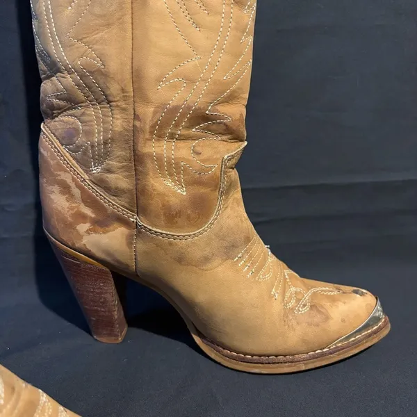 Vintage Zodiac USA Embroidered Tan Western Cowgirl Knee High Boots size 7 - Image 4