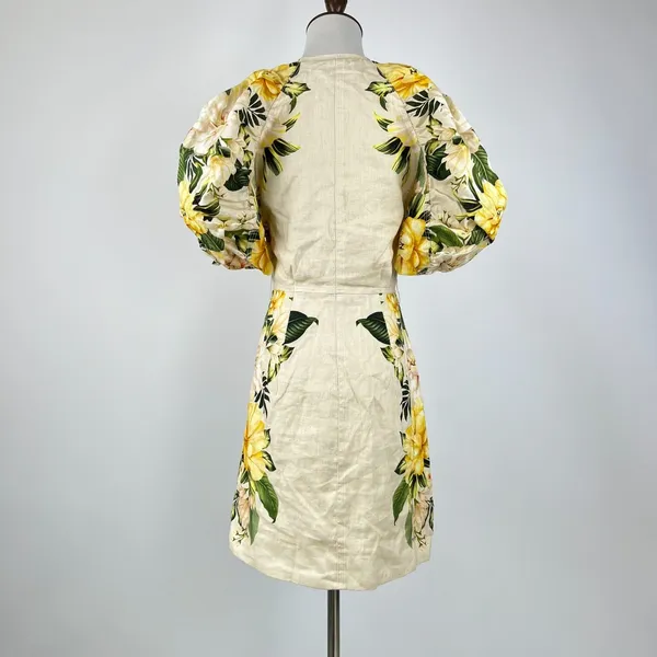 NWOT Farm Rio Linen Sand Garden Cascade Puff Sleeves Mini Dress Size L - Image 8