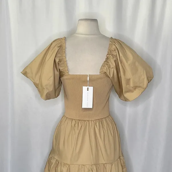 NWT! ENDLESS ROSE Mix Media Mini Dress Latte Brown Puff Sleeves Corset Bodice XS - Image 7