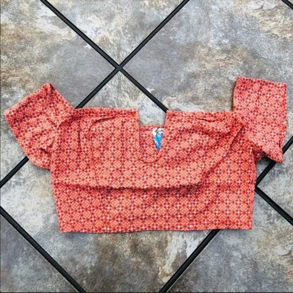 Free People Coral Pink Off The Shoulder Notch V-Neck Crop Top Geometric Boho SM - Image 6