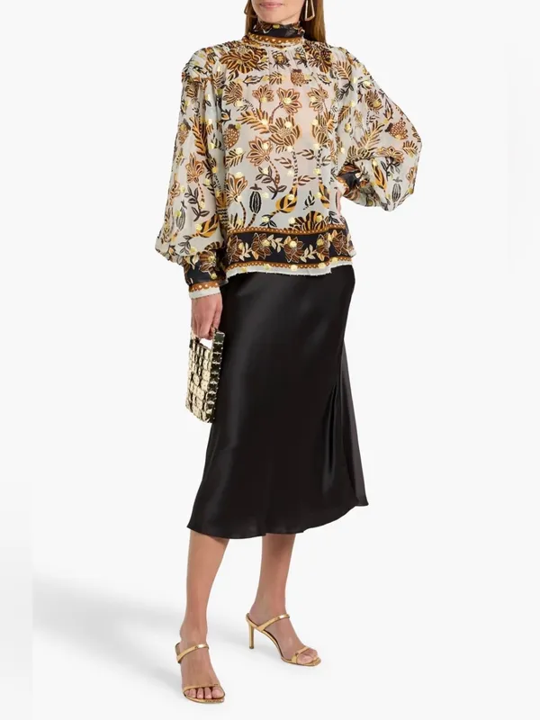 Farm Rio Silver Metallic Floral Beehive Tapestry Long Sleeve Blouse Size Medium - Image 2