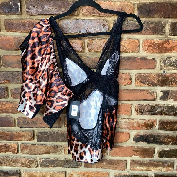 NWT Frederick's of Hollywood Leopard Satin Lace Cami Boyshort Panty Size Medium - Image 7