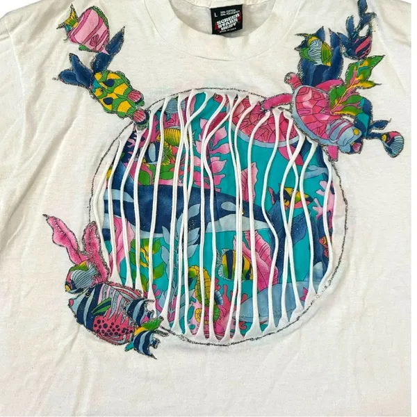 Vintage 90s Fish Ocean T-shirt Size Large Tropical Graphic Puffy Paint Glitter - Image 3