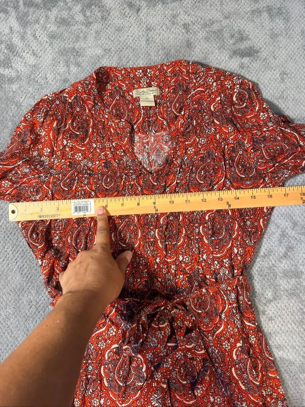 Lucky Brand Size XS Orange Paisley Wrap Dress Boho Western Long Sleeve Tie Waist - Image 5