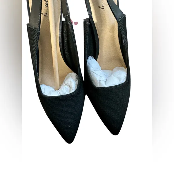 Melyann Jinji New Black Stiletto Leather and Fabric Slingback Heels Size 7 - Image 4