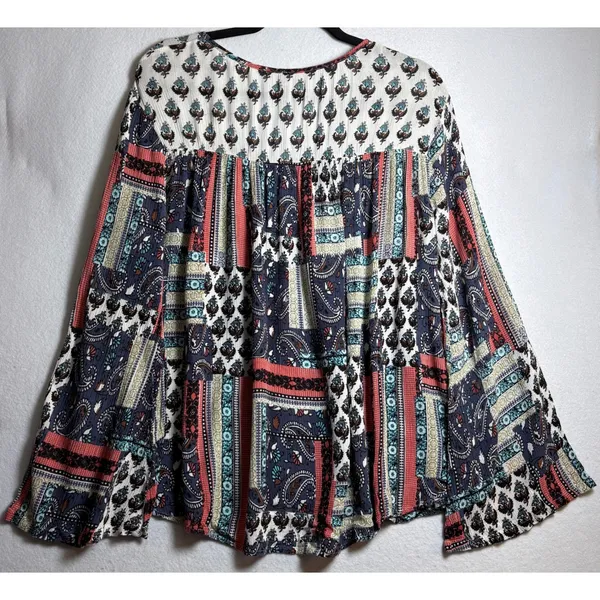 Massini Womens Large Patchwork Paisley Bell Sleeve Boho Peasant Blouse Top - Image 4