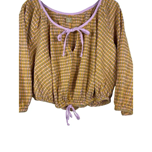 Free EST Free People Boho Mustard Plaid Blouse Peasant Top Balloon Sleeve Tie - Image 4