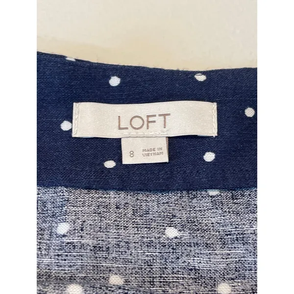 LOFT Polka Dot Flare Skirt Size 8 Navy White Linen Blend Button Detail - Image 4