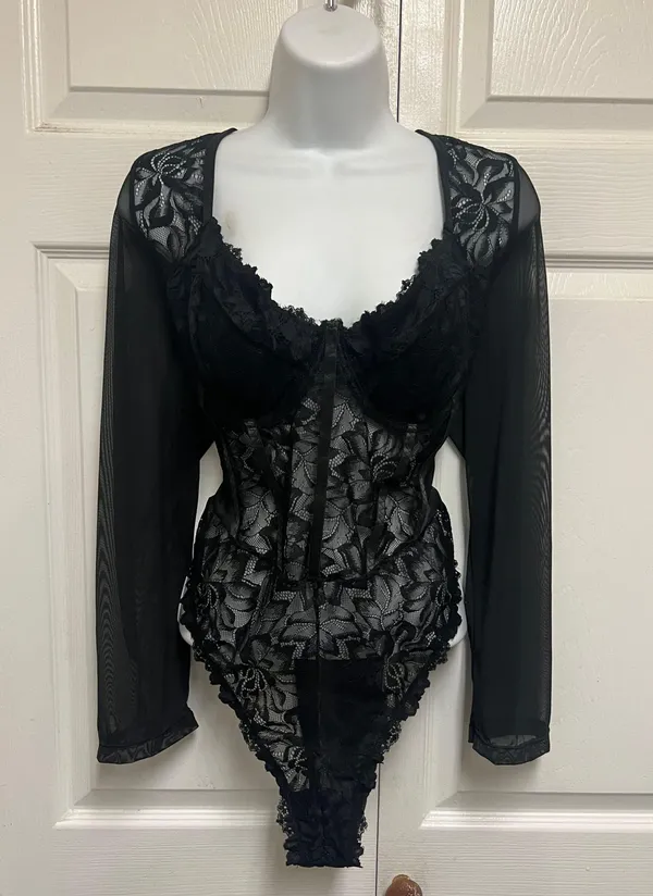 UNBRANDED Black Lace Bustier Sheer Mesh Sweetheart Neck Bodysuit - Image 5