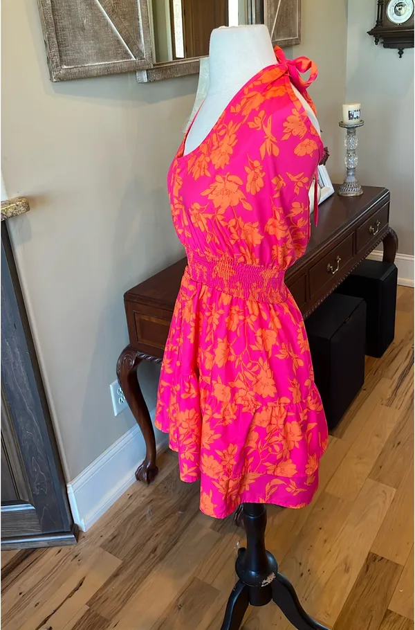 Colorful Festive Neon Pink Orange Flirty Mini Dress - Image 2