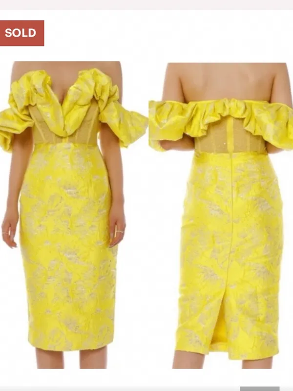 NWT Bella Barnett Yellow Ruffled Off-Shoulder Cocktail Dress size L - Image 3