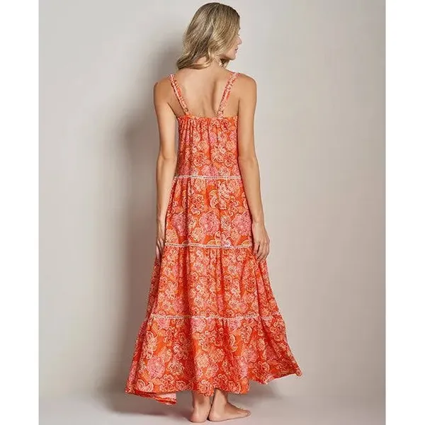 NWT Cosita Linda‎ Mandarin Floral Tiered Maxi Dress CL22548C Orange Pink Small - Image 2