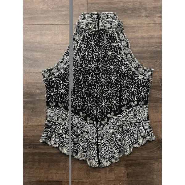 Vintage Adrianna Papell Boutique Evening Floral Silk Beaded Halter Top m Black - Image 5