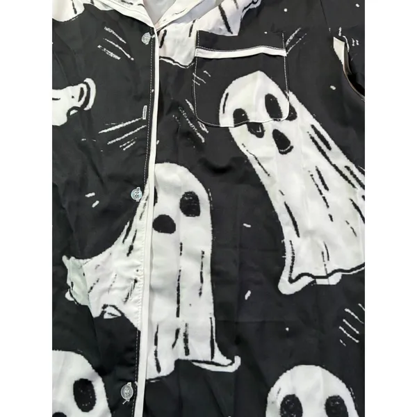 Black Ghost Print Pajama Set Women Large Long Sleeve Button Down Halloween PJs - Image 10