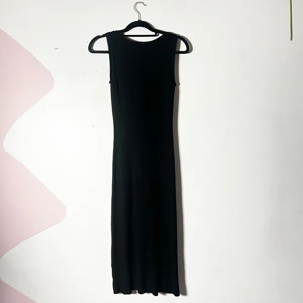 Uniqlo Midi Dress Medium Black Ribbed Stretchy Padded Bra Casual Goth - Image 2