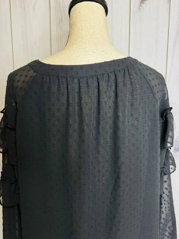 LOFT Black Ruffle Blouse Sz M Semi Sheer Long Sleeve Textured Polka Dots - Image 6
