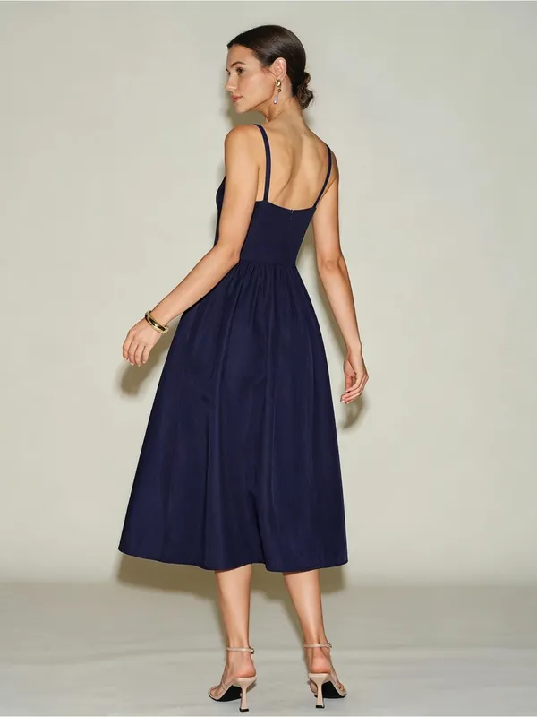 Rihoas Navy Blue Slip A-Line Midi Dress - Image 5