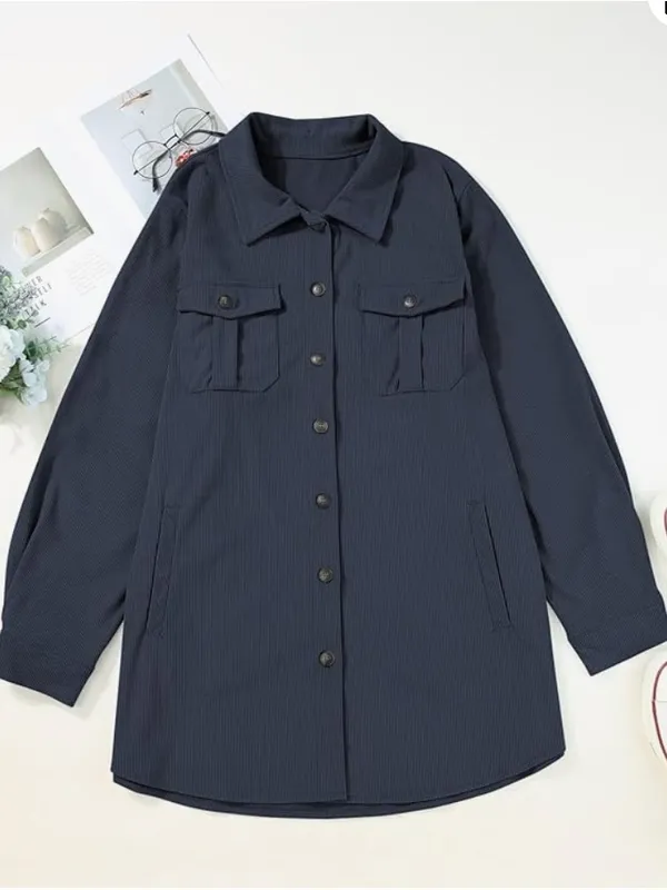 Eytino Women's Plus Size Long Sleeve Button Down Navy Blue Corduroy Jacket NEW - Image 7