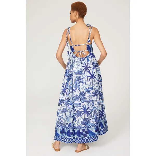 Farm Rio Sweet Blue White Tropical Coastal Beach Print Resort Vacation Dress L - Image 2