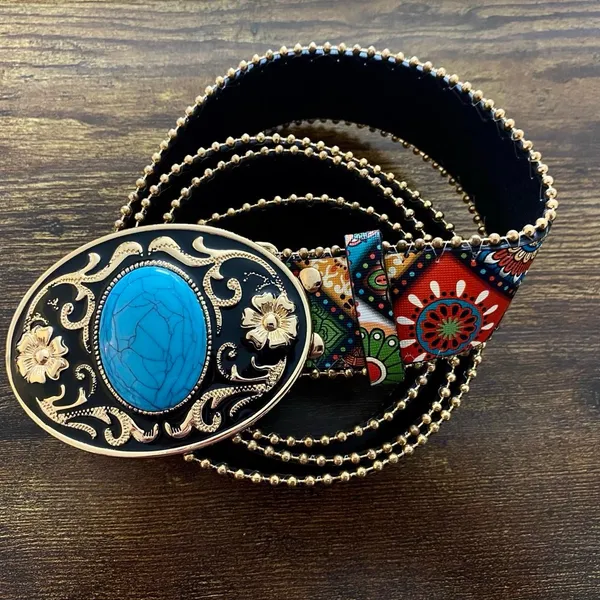 Boho Colorful Turquoise Buckle Western Y2K Belt, Fits 36.5-45 Inches, X7GA1289 - Image 7